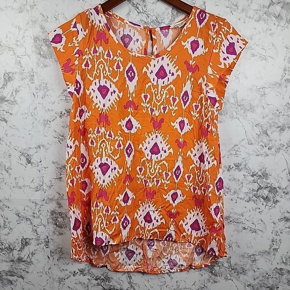 Christian‎ Siriano New York Womens XS Orange Purple Ikat Print High Low Blouse
